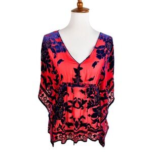 Hale Bob Lounge Red Purple Silk Burnout Velvet Beaded Kaftan Tunic Top Large